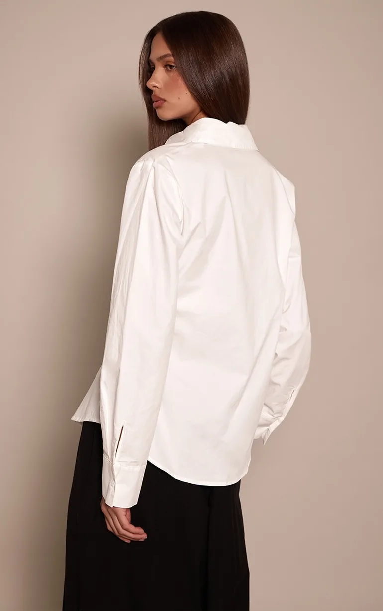 White Cotton Trim Drape Detail Oversized Shirt - 1