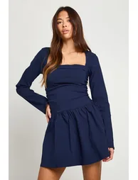 Square Neck Long Sleeve Skater Mini Dress - navy - 1