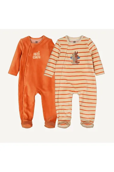 Set of 2 Babygrow Pyjamas in Velour with Stripes and Bunny Print