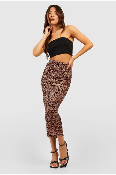 Leopard Ribbed Midi Skirt - stone