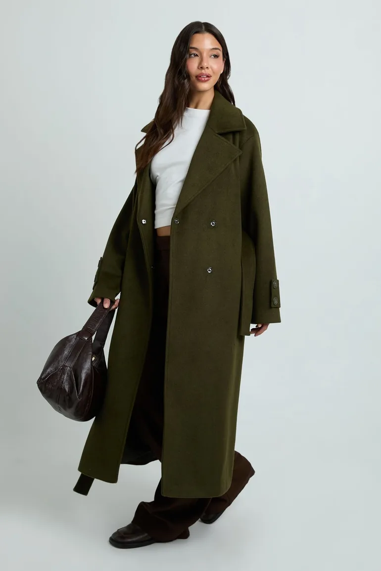 Belted Wool Blend Coat - khaki - 2