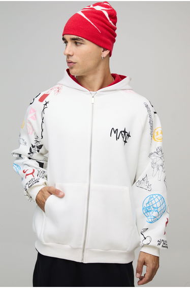 Oversized Zip Through Doodle Sleeve Printed Hoodie - ecru