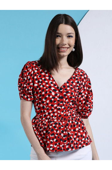 Women Red Fit And Flared Spot Print Top