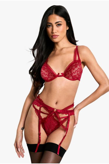 Valentines Ruffle Trim Underwire Plunge Bra - red