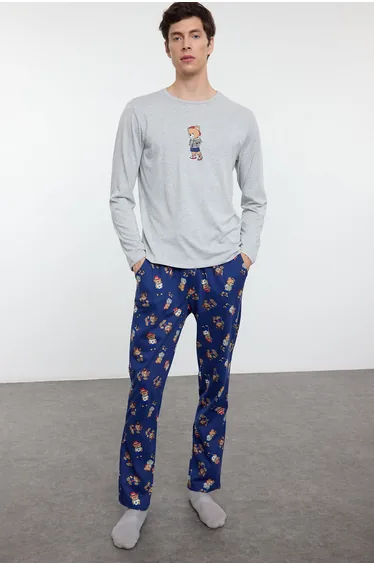 Men's Grimelanj - Navy Blue Teddy Bear Patterned Couple Knitted Pajama Set