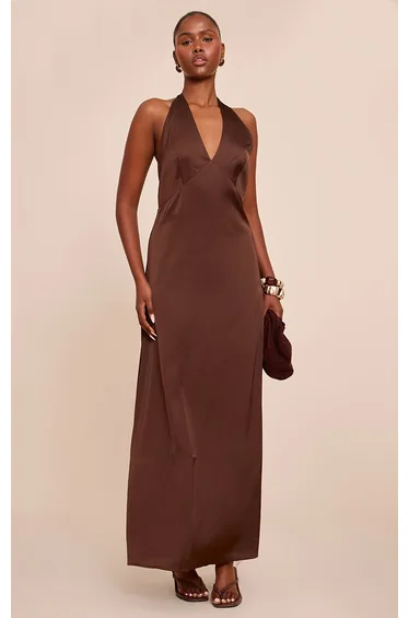Chocolate Satin V Neck Maxi Dress
