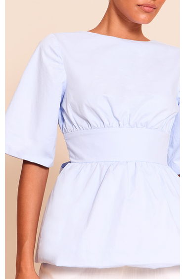 Sky Blue Cotton Short Sleeve Tie Back Blouse product thumbnail 4