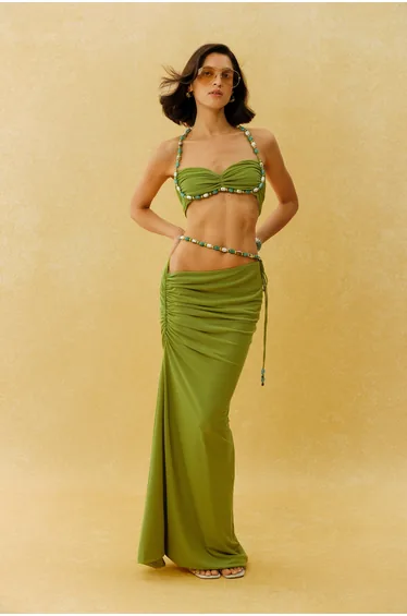 Summer Feeling Green Beaded Halter Top & Ruched Maxi Skirt Set