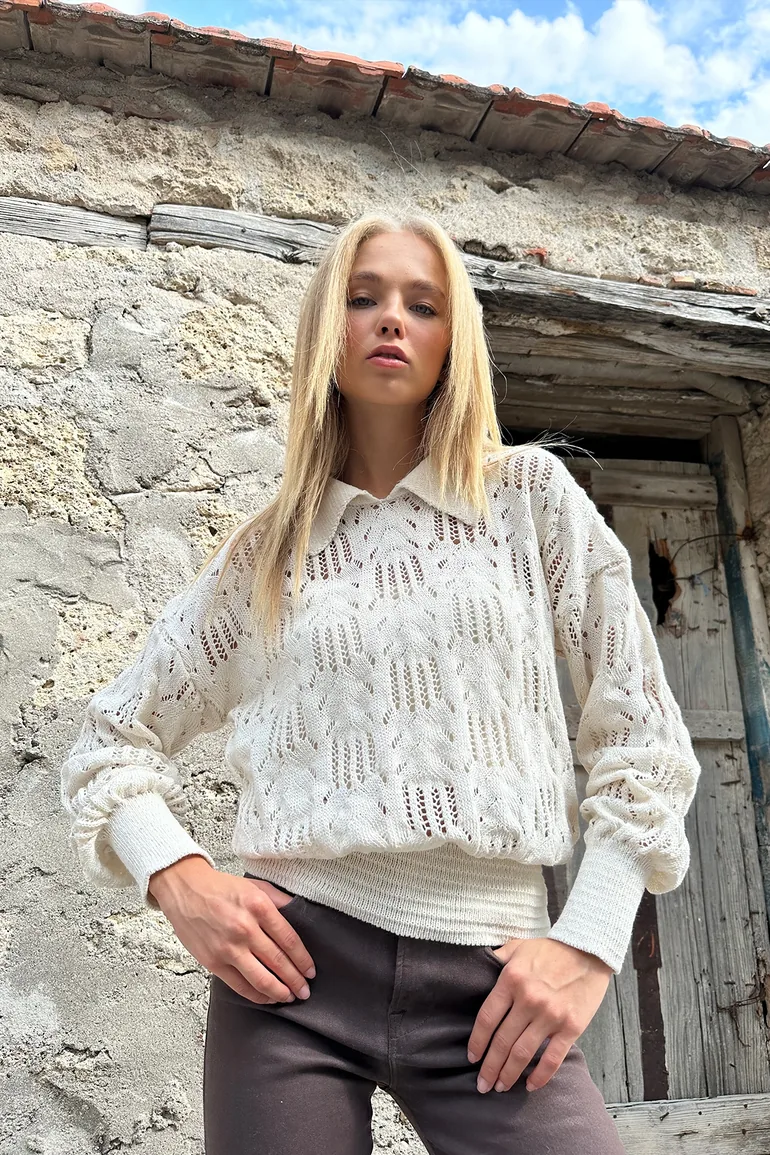 Women's Cream Polo Collar Openwork Knitwear Sweater