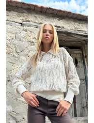Women's Cream Polo Collar Openwork Knitwear Sweater