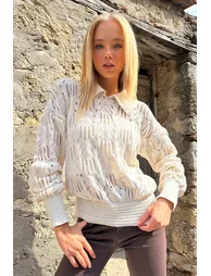 Women's Cream Polo Collar Openwork Knitwear Sweater - 2