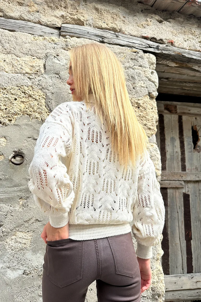 Women's Cream Polo Collar Openwork Knitwear Sweater - 3