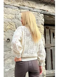 Women's Cream Polo Collar Openwork Knitwear Sweater - 3