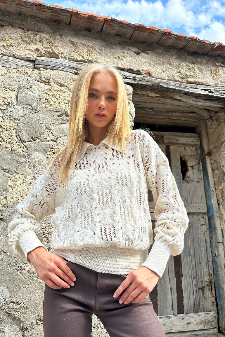 Women's Cream Polo Collar Openwork Knitwear Sweater - 1