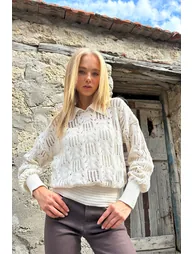 Women's Cream Polo Collar Openwork Knitwear Sweater - 1