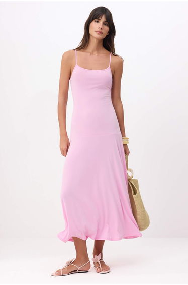 Pink A-Line/A Bell Form Pool Collar Thin Strap Sleeveless Maxi Stretch Knitted Dress