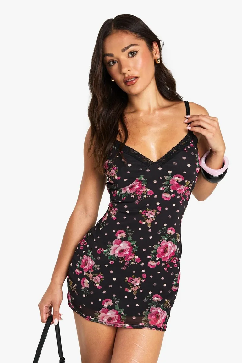 Petite Ditsy Floral Contrast  Lace Trim Mesh Slip Dress - black - 1