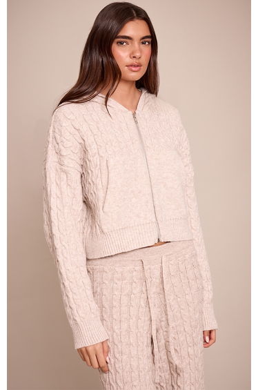 Oatmeal Cable Knit Cropped Hoodie