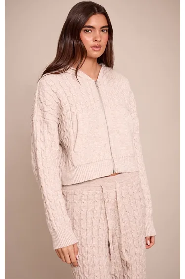 Oatmeal Cable Knit Cropped Hoodie