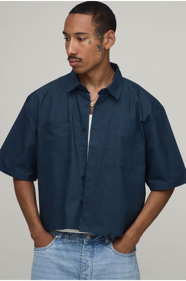 Boxy Cropped Half Sleeve Oxford Shirt - navy