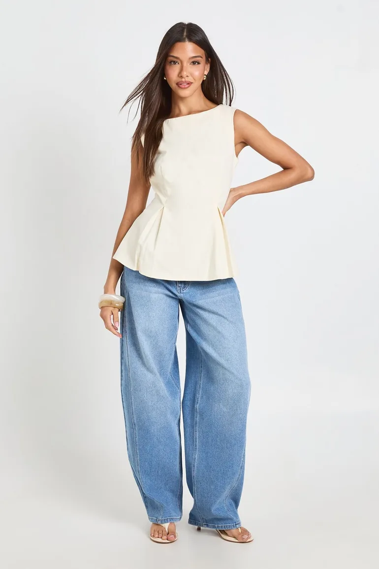 Twill Peplum Boat Neck Top - ecru