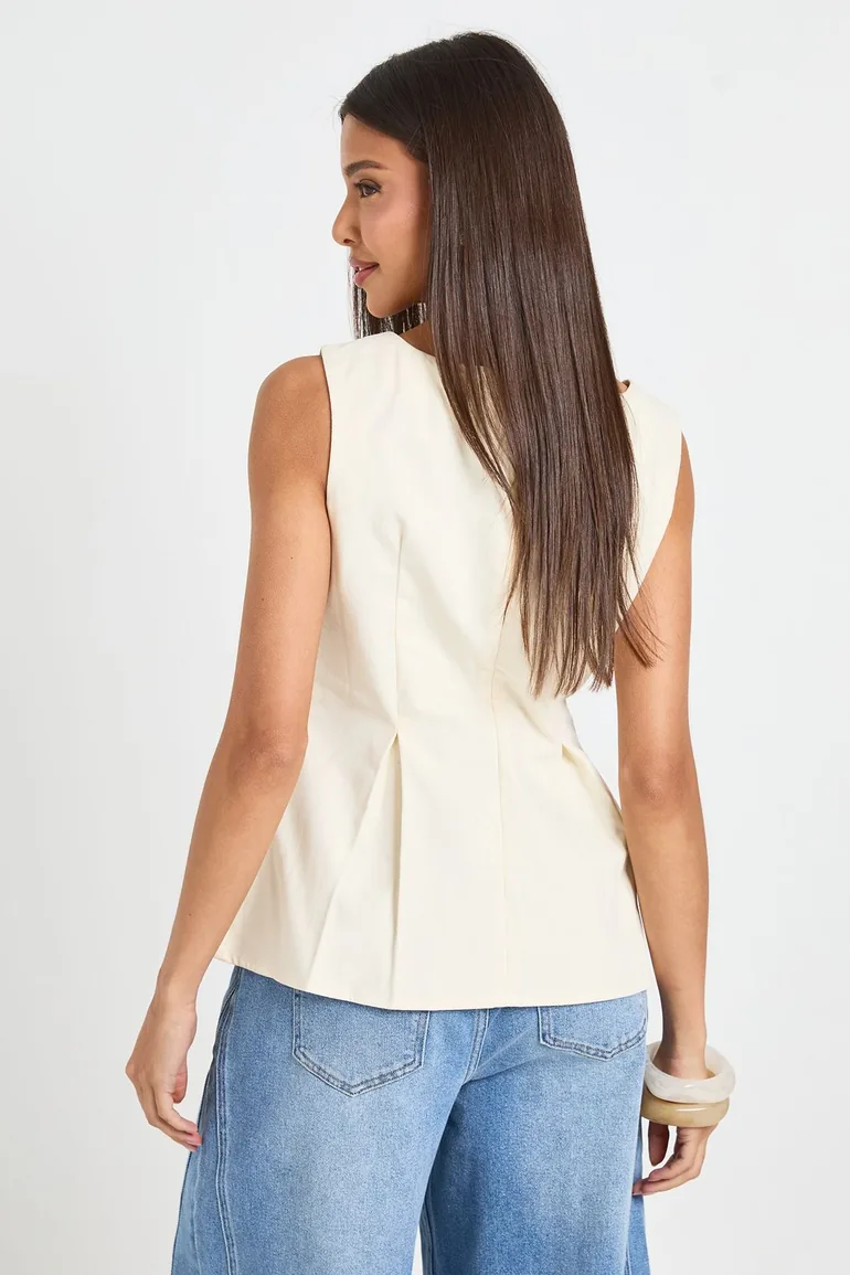 Twill Peplum Boat Neck Top - ecru - 2