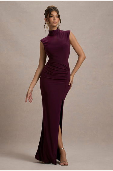 Lanetta | Plum Ruched High-Neck Maxi Dress With Split