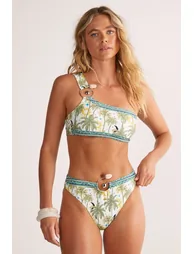 Palm Tree Border Trim Detail One Shoulder Bikini Set - 1
