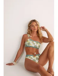 Palm Tree Border Trim Detail One Shoulder Bikini Set