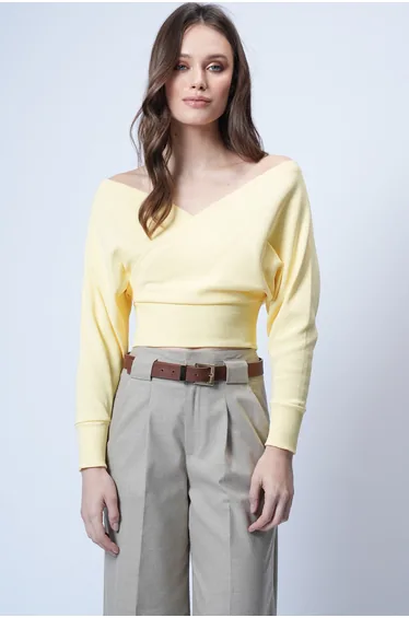 تريند ألاكاتي ستايل بلوزة أصفر قصيرة بأكمام طويلة