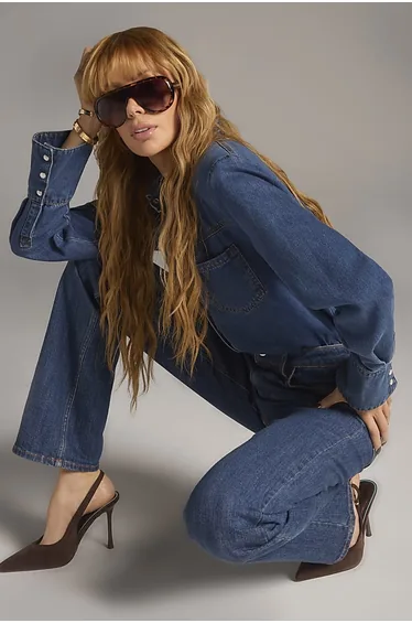 بنطلون جينز إستريتش بخصر عالي بأرجل مستقيمة - أزرق