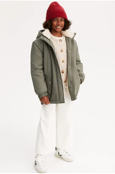 Zip-Up Hooded Parka in Cotton Mix with Faux Fur Lining