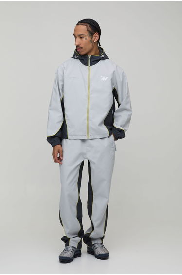Relaxed Soft Shell Contrast Panelled Zip Through Hooded Tracksuit - grey