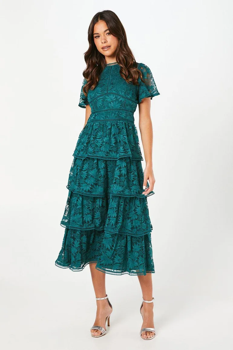 Petite Tiered Lace Dress With Flutter Sleeve & Trims