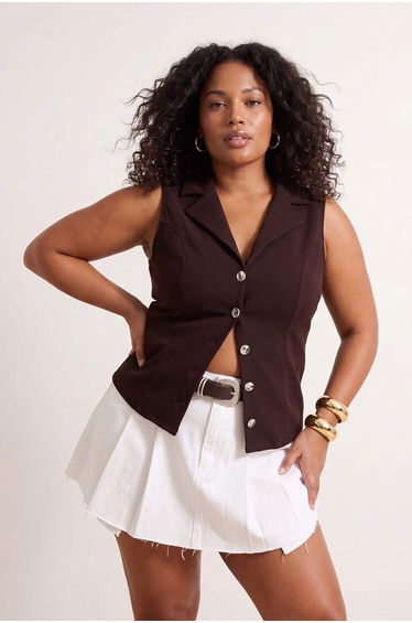 Brown Fitted/Skin-Fitting Buttoned Seam Detail Interlock Knitted Plus Size Y Vest