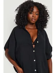 Linen Button Front Batwing Beach Kaftan Shirt - black - 3