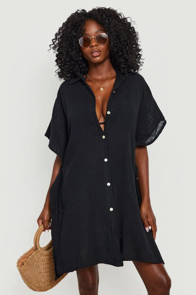 Linen Button Front Batwing Beach Kaftan Shirt - black