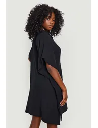 Linen Button Front Batwing Beach Kaftan Shirt - black - 1