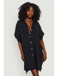 Linen Button Front Batwing Beach Kaftan Shirt - black - 2