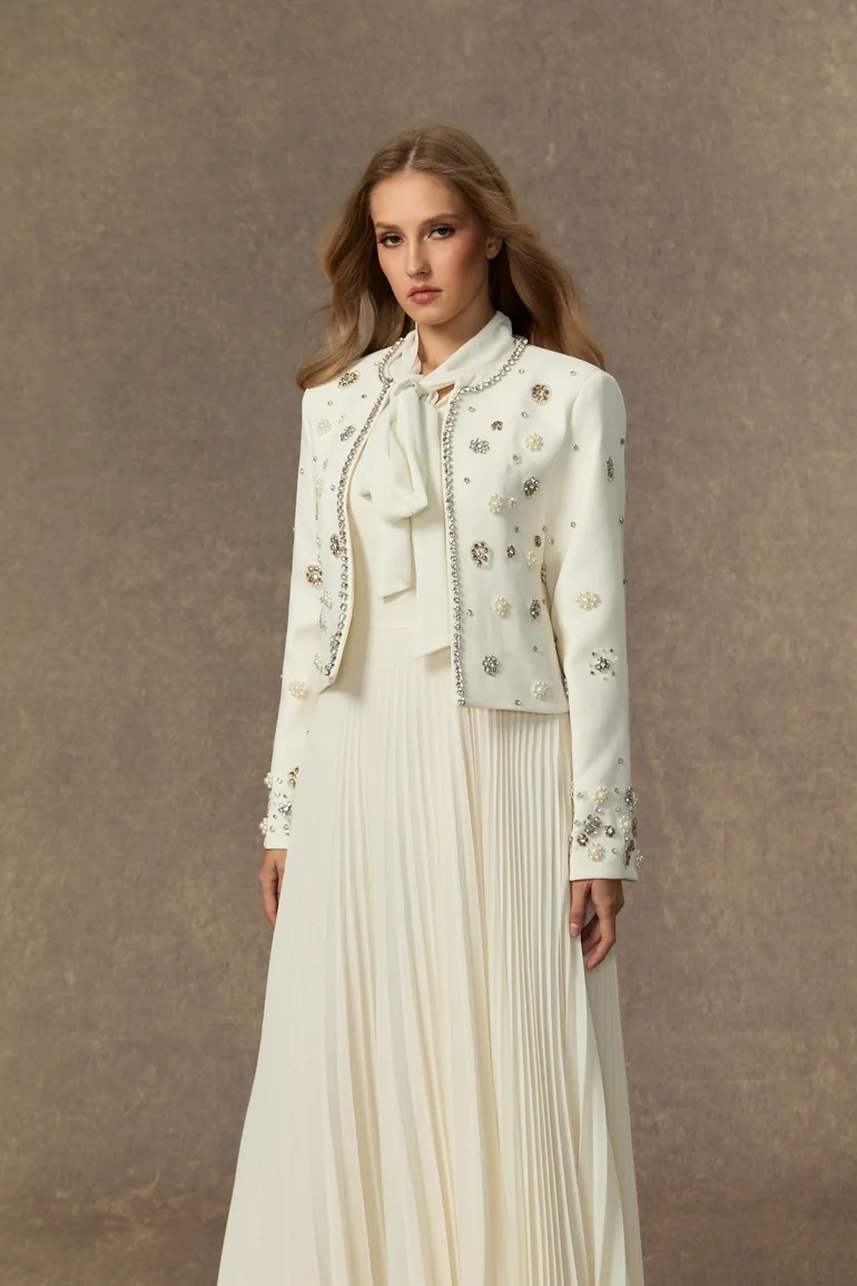 Lavish Looks White Embellished Jacket & Bow Tie Pleated Dress Set - 5