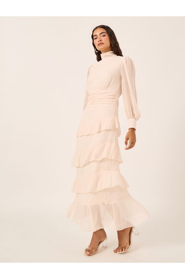 Puff Sleeves Ruffled Hem Tiered Maxi Dress