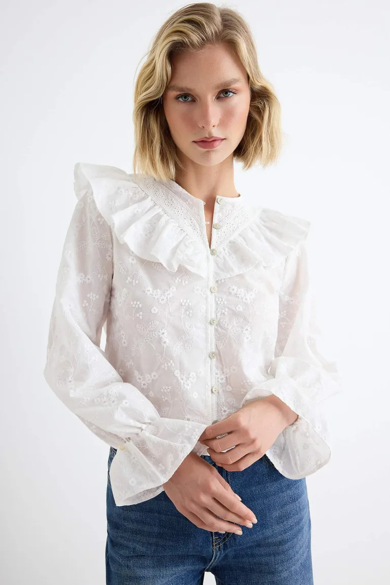 White Textured Ruffle Detailed Bohemian Shirt