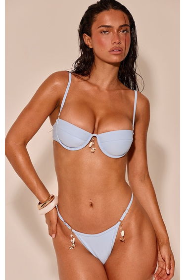 Pale Blue Charm Trim Thong Bikini Bottoms