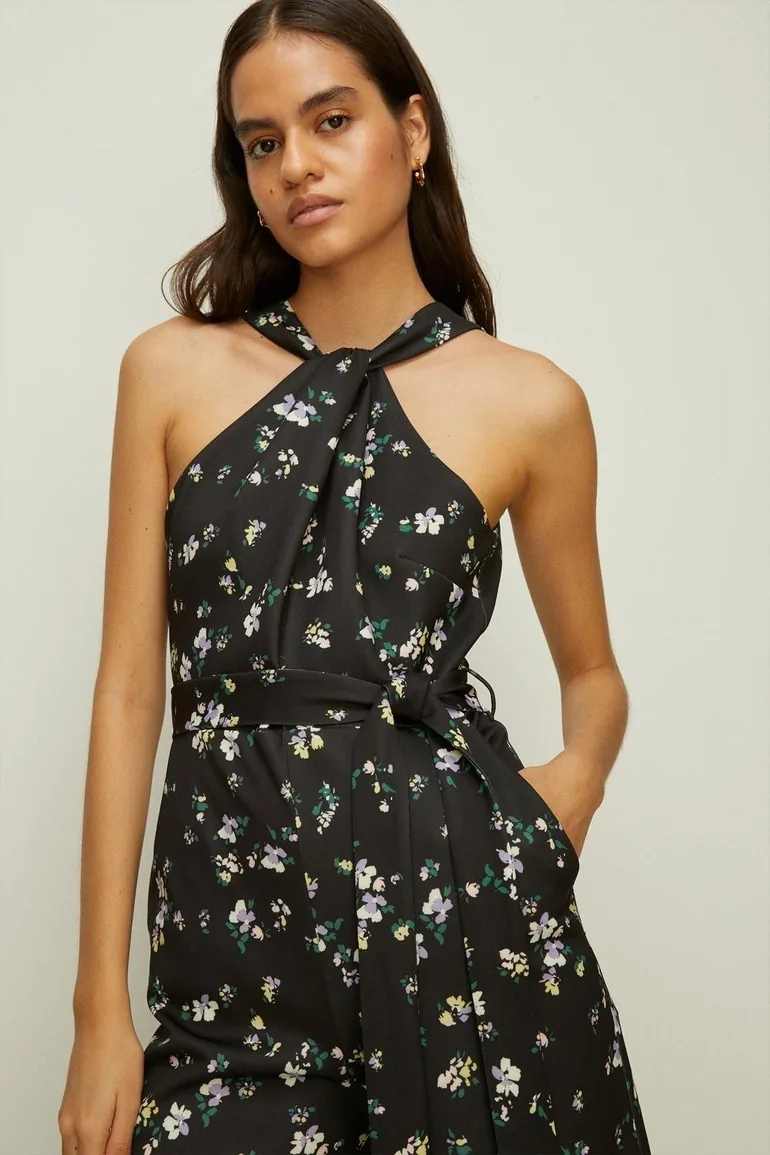 Knot Detail Ditsy Print  Scuba Jumpsuit - 1