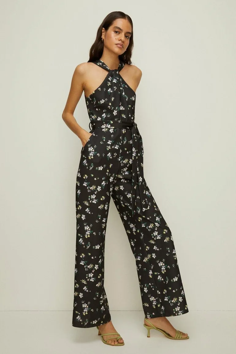 Knot Detail Ditsy Print  Scuba Jumpsuit