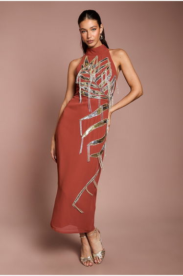 Halterneck Embellished Fringe Midi Dress