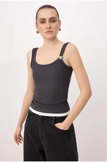 Anthracite Double Fitted/Fitted Pool Neckline Accessory Ribbed Flexible Knitted Blouse