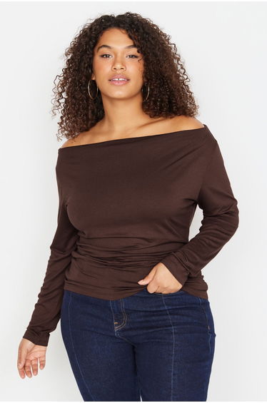 Brown Carmen/Madonna Collar Flexible Draped Knit Plus Size Blouse