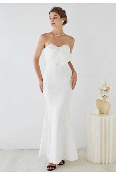 Bowknot Strapless Mermaid Gown in White