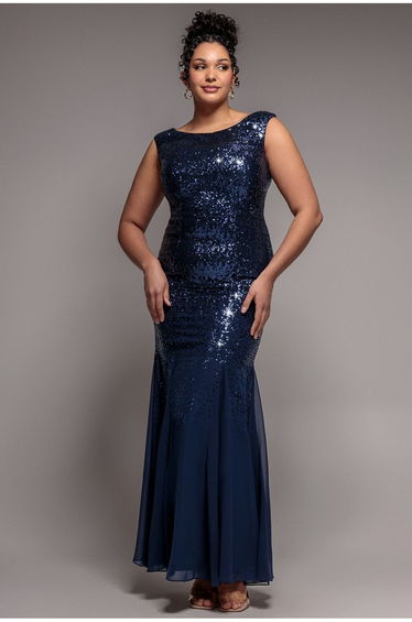 Chiffon & Sequin Embroidered Bardot Maxi Dress - Navy Blue by Goddiva Plus